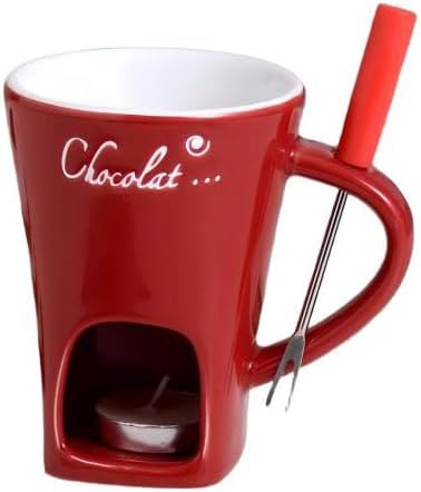 Fondue Mugs,Fondue Cup,Heat Resistant Ceramic Mini Fondue Set with Forks - Reusable Chocolate Melting Cup for Desserts, Date Nights & Parties (RED)