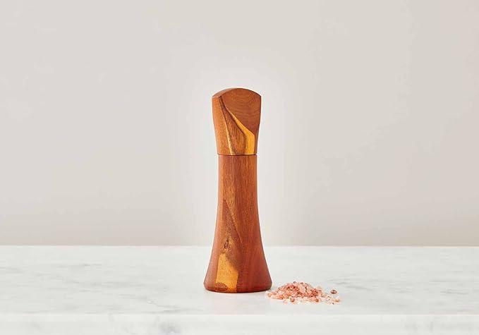 nambe Gourmet Collection Contour Pepper Mill | 9.5-Inch | Made with Acacia Wood and Ceramic Mechanism | Refillable Salt Mill Shakers | Designed by Lou Henry