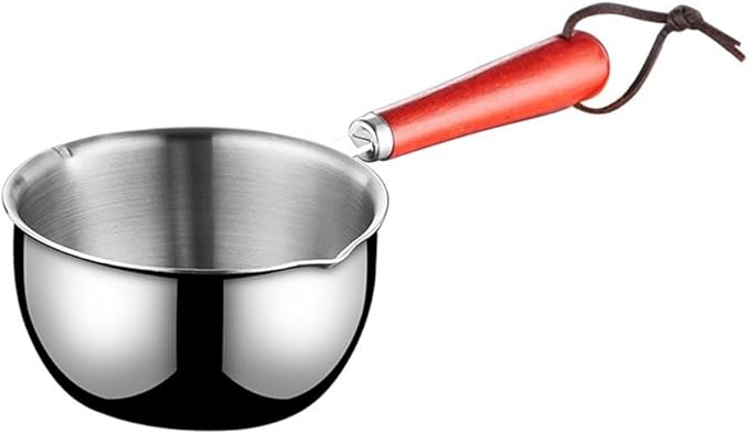 Mini Butter Melting Pot, Stainless Steel Hot Oil Pan Milk Butter Warmer with Wooden Handle Dual Pour Spout Small Sauce Pan Sauce Serving Pots(150ml)