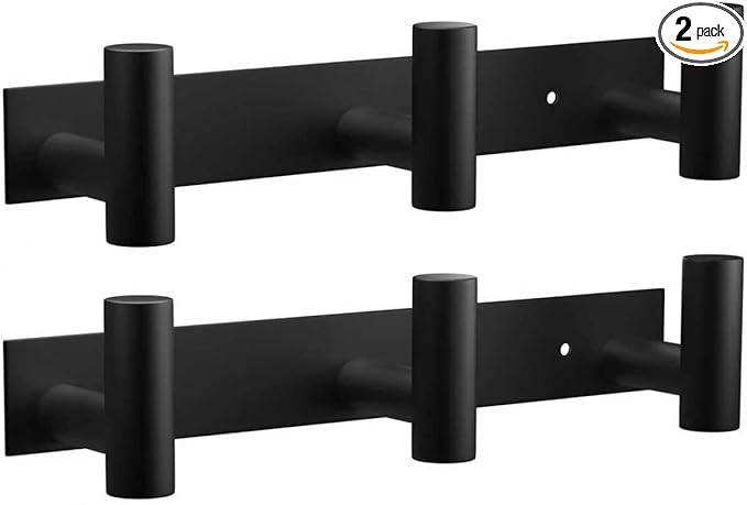VAEHOLD Black Hat and Coat Wall Mount Rack - 3 Hooks for Robes, Bags, Keys, and Towels - Bathroom Towel Hanger Organizer (2 Pack)
