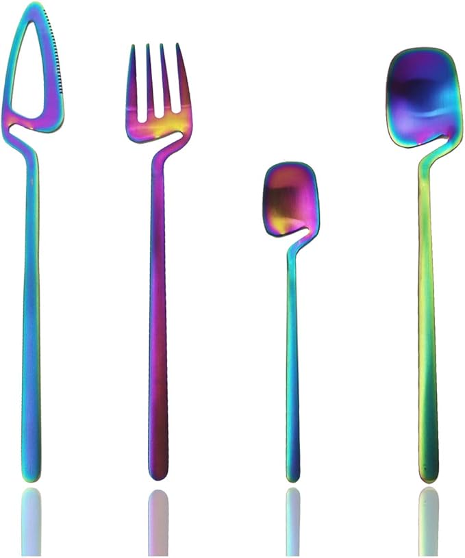 JASHII Hangable 24-Piece Silverware Set, Satin Finish Flatware Cutlery Set Service for 6, Knives/Forks/Spoons Included, Dishwasher Safe (Matte Rainbow)