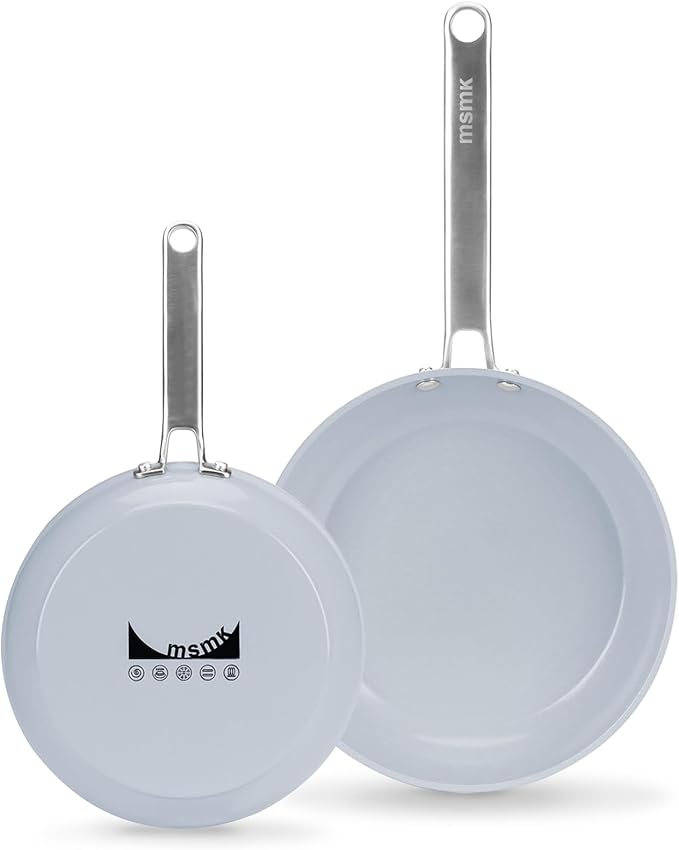 MsMk 8 inch + 10 inch Ceramic Non Stick Frying Pans, Grey Nonstick Skillets Set, PFOA Free Non-Toxic, Scratch-resistant, Oven-Safe, Induction Ready, Compatible with All Cooktops