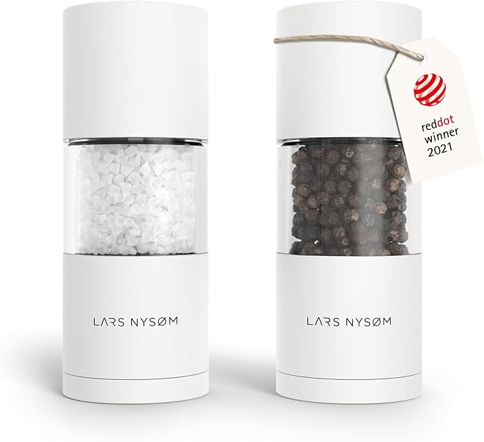 LARS NYSØM Salt and Pepper Grinder Set I Salt and Pepper Mills with Adjustable Ceramic Grinder 2 pieces I Manual Design Spice Mill Set (Pure White)