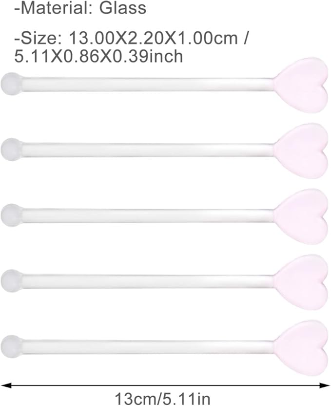 Glass Swizzle Sticks for Cocktails Drinks, 5Pcs Heart Shape Drink Swizzle Sticks Glass Coffee Beverage Cocktail Stirrers Stirring Spoons for Restaurant Home Bar Party