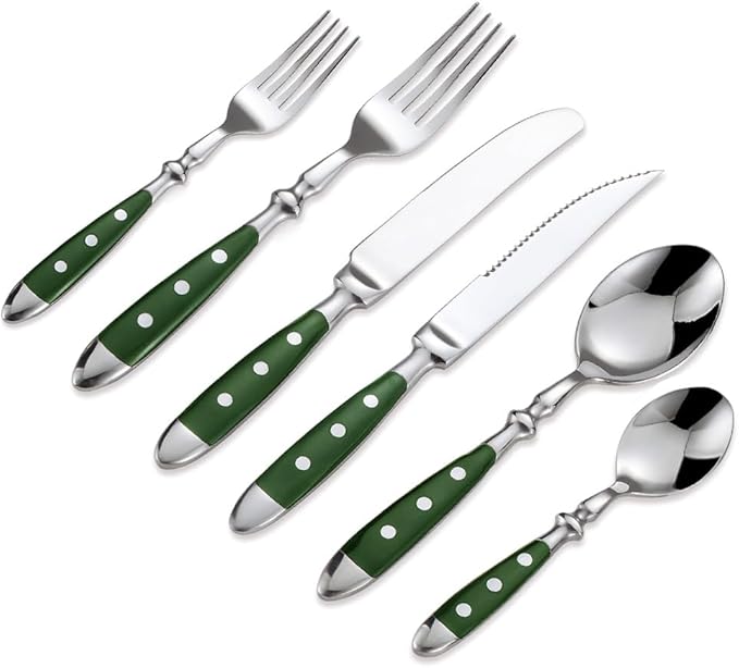 24-Piece 18/0 Stainless Steel Silverware set,Vintage Flatware set with Bakelite Handle,service for 4,Cutlery set (Green)
