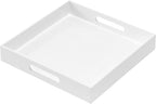 Glossy White Acrylic Serving Tray with Handles, 12x12x2H Inches - Spill Proof, Decorative Trays for Countertop, Ottoman Coffee Table, Nightstand, Breakfast, Tea, Food