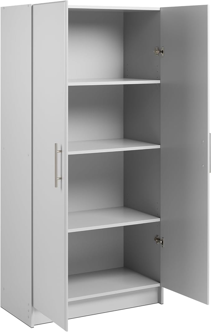 Prepac Elite Tall Garage Storage Cabinet & Pantry Storage Cupboard, 2-Door Freestanding Bathroom or Pantry Cabinet with Adjustable Shelves, 16" D x 32" W x 65" H, Light Gray