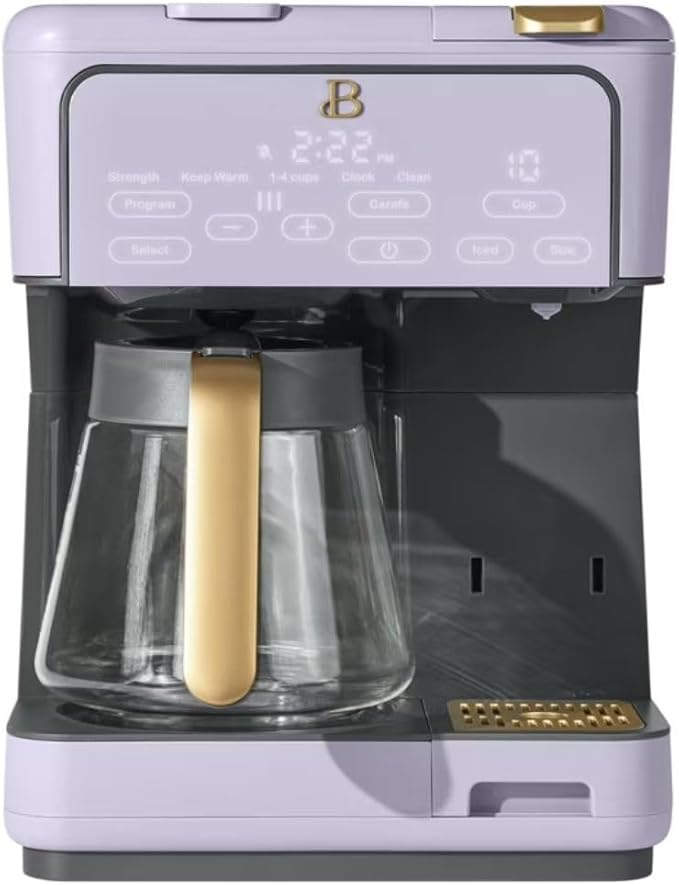 Beautiful by Drew Barrymore Multi-Brew Coffee Maker, 12-Cup Carafe + Single-Serve, Pods or Grounds, Over Ice, Touch Display. (Lavender)