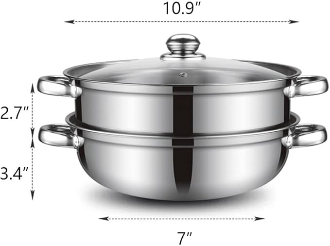 Steamer Pot for Cooking 11 inch Stainless Steel, 2-tier Multipurpose 18/8 Stainless Steel Steam Pot Cookware with Lid for Vegetable, Dumpling, Stock, Sauce, Food