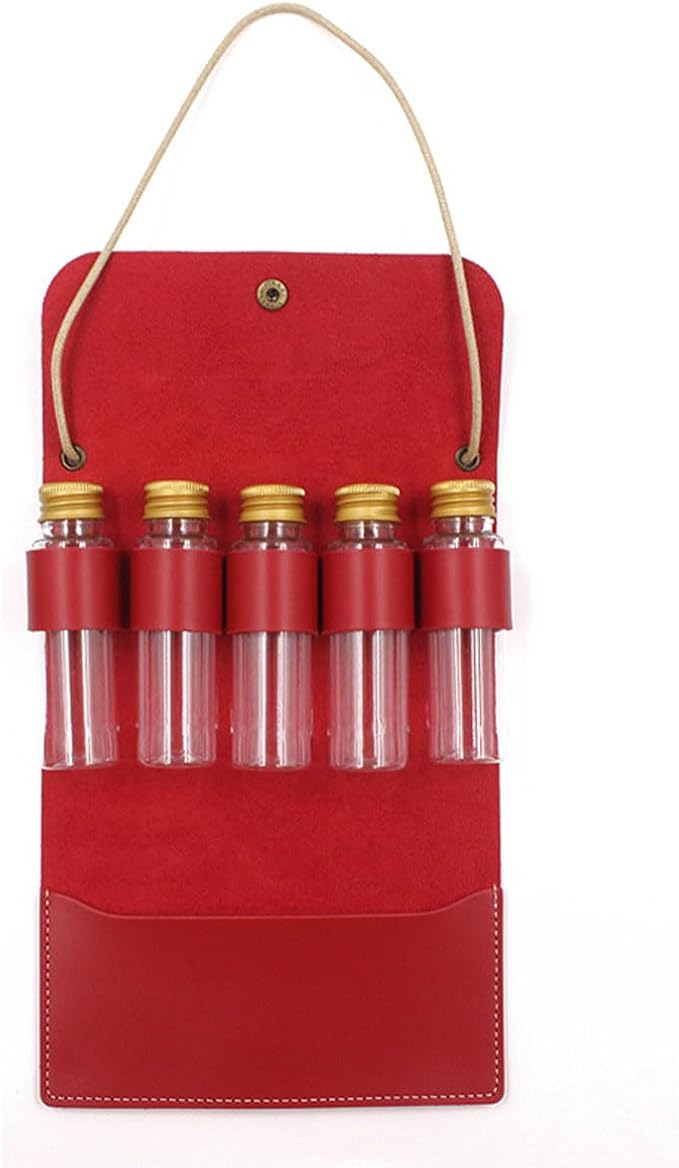 BY-J Camping Spice Kit with 5 Jars, Foldable Leather Spice Holder Seasoning Storage Bag, Condiment Container Set for Outdoor Picnic BBQ, Waterproof Travel Seasoning Container, Red