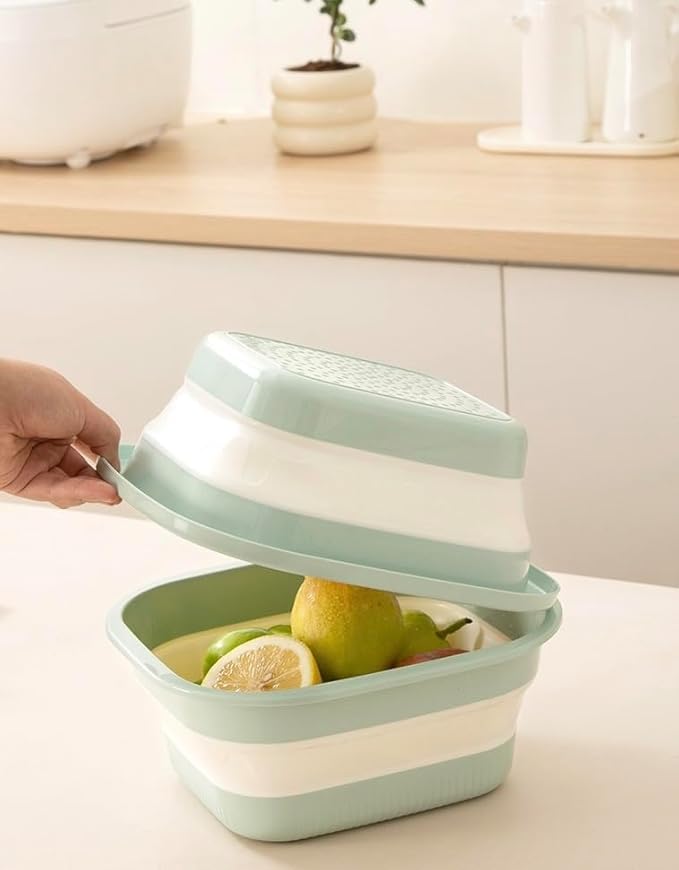 2pcs Folding Colander Bowls Strainers for Kitchen, Double Layer Drain Basket and Fruits Bowl, Multipurpose Food Prep Container for Pasta, Spaghetti, Vegetables, & Fruit Draining (GREEN)