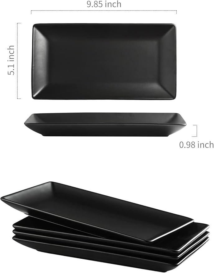 Gomakren Black Serving Platter Set of 4 Porcelain Serving Plates Rectangular Christmas Serving Dishes and Platters Serving Trays for Party Appetizer Sushi, 10 Inch Black Serveware Thanksgiving Gifts
