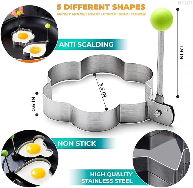 5-Piece Stainless Steel Pancake & Egg Molds — Fun Shapes for Griddle or Frying Pan, Ideal for Omelettes, Fried Eggs, and Creative Breakfasts — Easy to Use and Dishwasher Safe