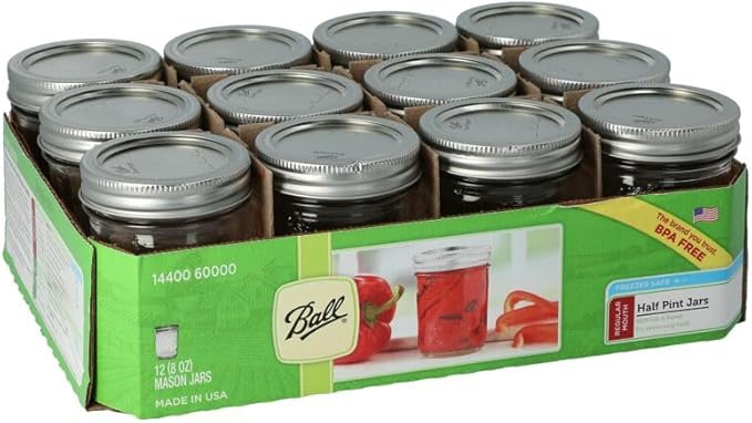 Ball Half Pint (8 oz.) Regular Mouth Glass Mason Jars w/ Cap - Set of 12 AEP