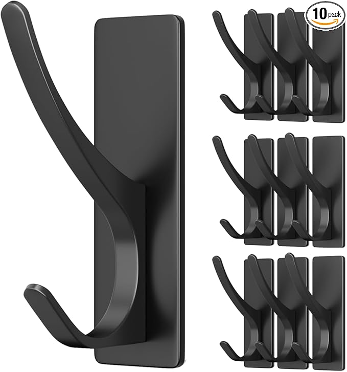 Self Adhesive Coat Hooks for Hanging, Heavy Duty Stainless Double Wall Hook for Towel, Backpack, Hat, Sturdy Metal Hanger for Bathroom, Bedroom, Door, Wall Mounted, 10 Pack, Matt Black, New