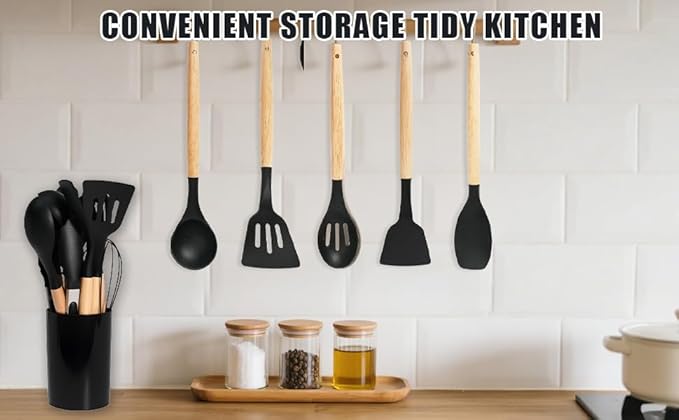 Silicone Cooking Utensil Set,12 PCS Cooking Cookware Kitchen Utensils Set, Nonstick 446°F Heat-Resistant Cookware Kitchen Tools of Spatula,Turner Tongs,Spoon,Brush,Whisk,（black）