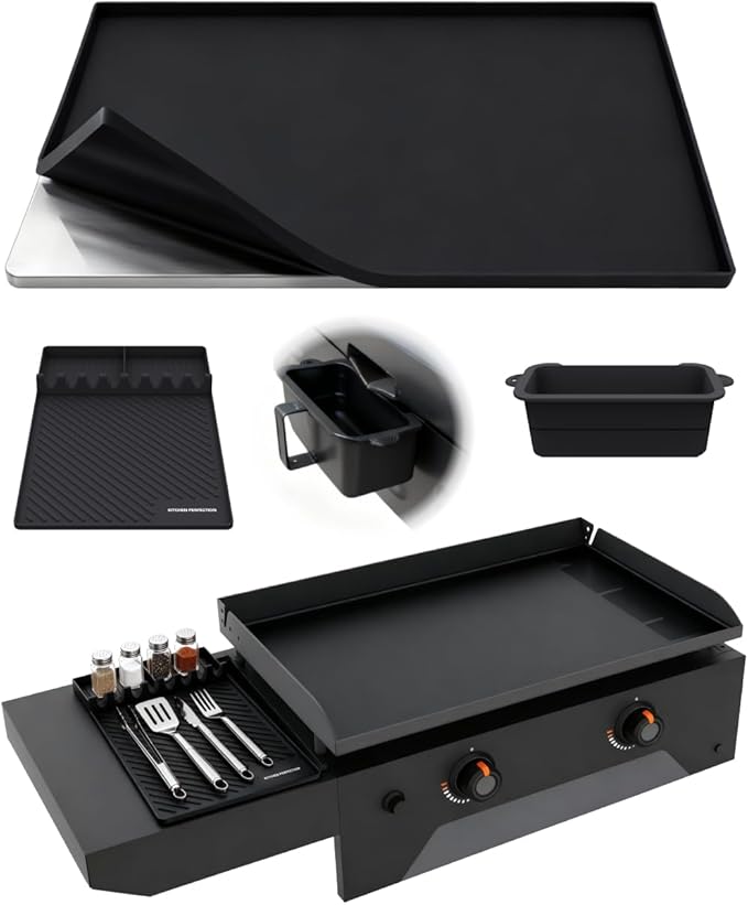 KITCHEN PERFECTION Ultimate Kit for Blackstone Griddle 28 Inch - Silicone Griddle Cover Mat + Griddle Accessories Mat + 2 PCS Silicone Grease Cup Liners Hermetic Protection from Rust & Debris All Year
