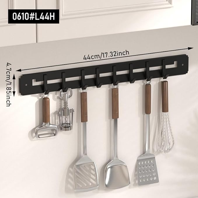 Adjustable Wall Mount Utensil Rack, Black Metal,8 Movable Hooks, 17.32x1.85 Inch, for Kitchen, Bathroom Storage