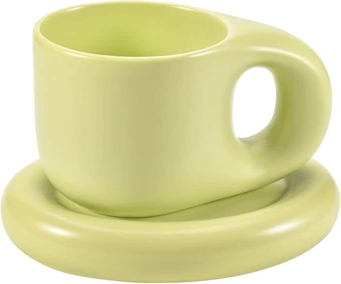 Koythin Ceramic Coffee Chubby Mug Saucer Set, Creative Cute Fat Handle Cup with Saucer for Office and Home, Dishwasher and Microwave Safe, 10 oz for Latte Tea Milk (Green)