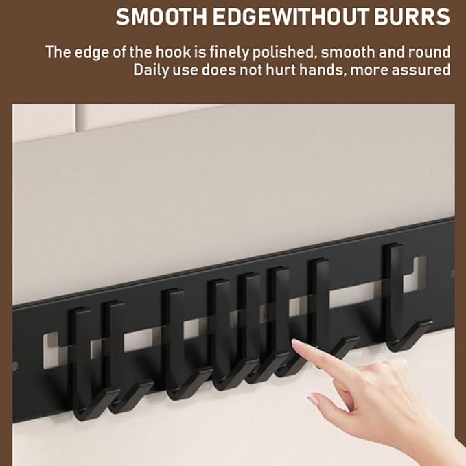 Adjustable Wall Mount Utensil Rack, Black Metal,8 Movable Hooks, 17.32x1.85 Inch, for Kitchen, Bathroom Storage