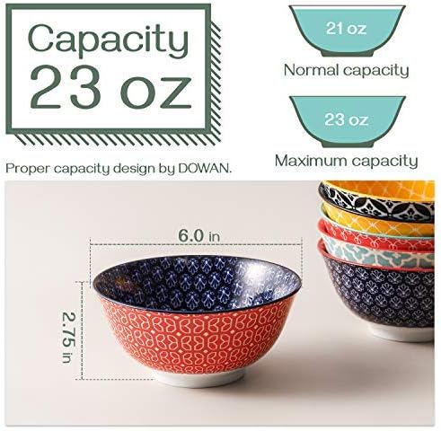 DOWAN Mosaian 33 OZ Large Bowl Set of 6 - Ceramic Deep Bowls for Ramen, Pasta, Salad - Vibrant Patterned Porcelain Bowls for Kitchen Decor & Housewarming Gift - Dishwasher & Microwave Safe