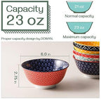 DOWAN Soup Bowls Set of 6, Cereal Bowls for Kitchen, 23 OZ Large Ceramic Bowl, Colorful Vibrant Patterned Porcelain Bowls for Kitchen Decor and Housewarming Gift, Dishwasher and Microwave Safe