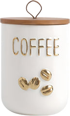 YYW Kitchen Canisters for Countertop, White Airtight Ceramic Canister with Seal Wooden Lid Storage Container for Coffee Bean Ground Coffee Sugar and Tea (White(coffee))