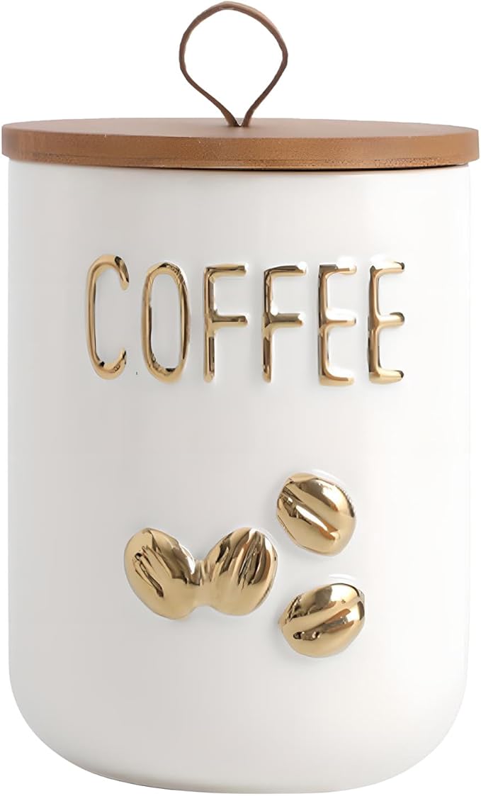 YYW Kitchen Canisters for Countertop, White Airtight Ceramic Canister with Seal Wooden Lid Storage Container for Coffee Bean Ground Coffee Sugar and Tea (White(coffee))