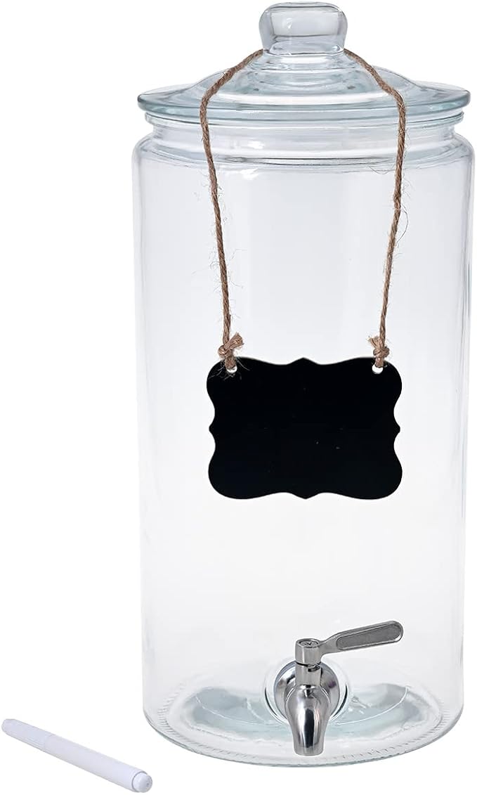 2 Gallon Beverage Serveware with Stainless Steel Spigot + Marker & Chalkboard 100% Leakproof Glass Drink Dispenser for Parties with Spout, Airtight Beverage Dispenser for Water Juice Laundry