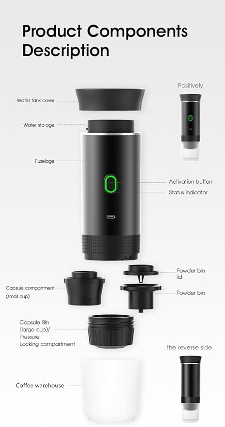 3-in-1 Portable Coffee Maker – Electric Espresso Machine for Travel – Compatible with Ground Coffee, NS & DG Capsules – USB-C Rechargeable Portable Espresso Maker (White)