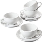 LE TAUCI 8 oz Cappuccino Cups with Saucers,Ceramic Large Coffee Cup for Au Lait, Double shot, Latte, Cafe Mocha, Tea - Set of 4, White