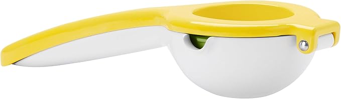 Tovolo Citrus Press with Pour Spout, White & Yellow – Manual Juicer for Lemons, Limes, Tangerines, Ergonomic Handle, BPA-Free, Dishwasher Safe