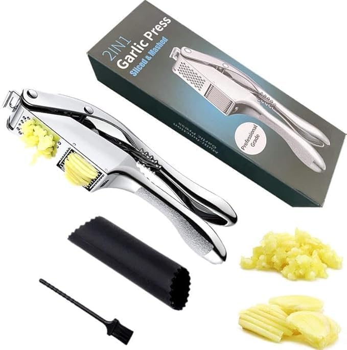 3-in-1 Stainless Steel Garlic Press & Peeler Machine - Professional Garlic Mincer, Crusher, and Chopper with Silicone Peeler & Brush - Essential Kitchen Gadget for Perfectly Minced Garlic