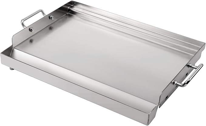 LotFun 17" x 13" Stainless Steel Cooking Griddle for Outdoor Gas Grill, Universal Griddle Flat Top Plate Insert with Grease Groove and Removable Handles for Electric/Charcoal/Gas Grill, Camping,Party