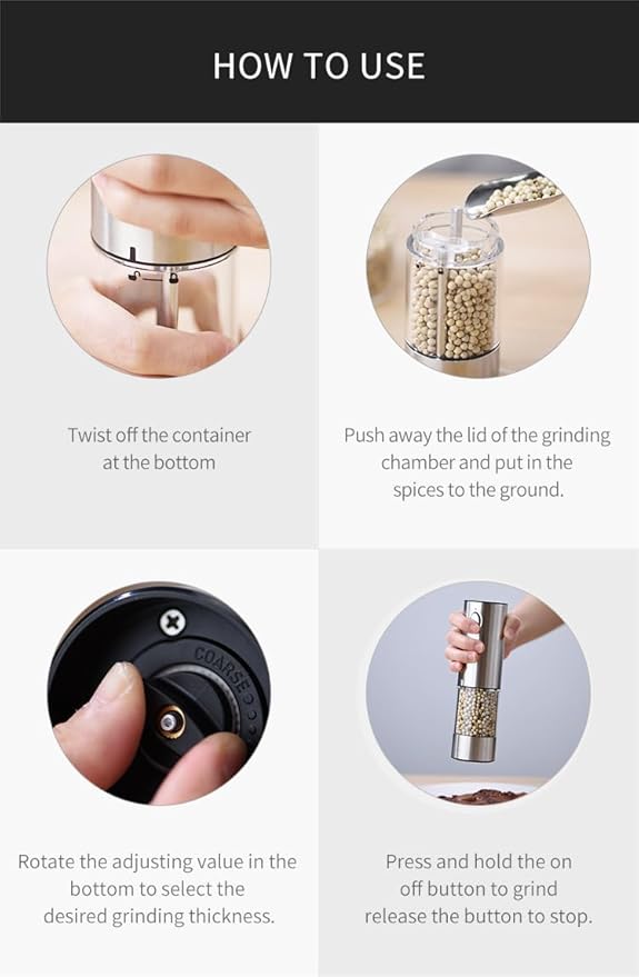 Electric Salt and Pepper Grinder Set, Upgraded 3.2oz (95ml) Large Capacity USB Rechargeable Mill with LED Light & 6 Adjustable Coarseness, Stainless Steel Shaker for Kitchen, BBQ, Gift Giving