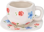 Koythin Ceramic Coffee Mug with Saucer Set, Cute Creative Red Rose Cup Unique Irregular Design for Office and Home, 10 oz/300 ml for Latte Tea Milk