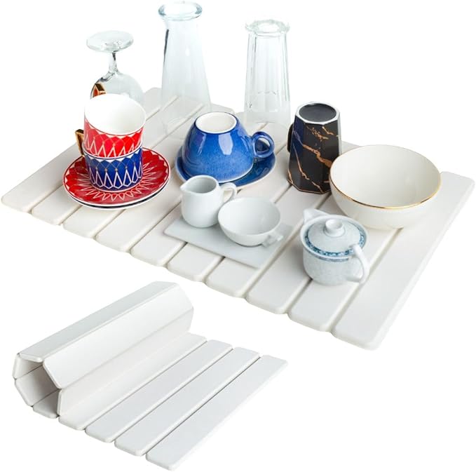 Large Stone Drying Mat for Kitchen Counter | Premium Diatomaceous Earth Coaster Set for Dishes | Non-Slip Kitchen Sink Mat | Fast-Absorbing, Eco-Friendly | 23" x 15.5" (Modern White)