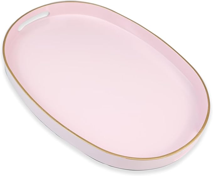 Pink Oval Decorative Tray with Handles, Versatile Serving Tray for Coffee Table, Ottoman, Ideal for Serving, Displaying, Organizing