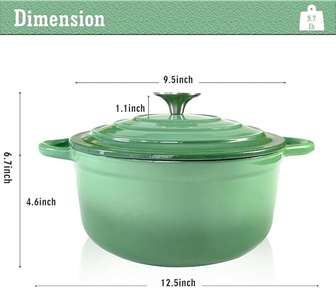 Dutch Oven,Cast Iron Dutch Ovens,Dutch Oven Pot with Lid,4.5 QT Enamel Dutch Pot,Dutch Ovens with Dual Handles,Cast Iron Pot for Braiser,Cooking,Gifts for Family,Green