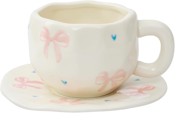 Koythin Ceramic Coffee Mug with Saucer Set, Cute Pink Big Bow Cup Unique for Office and Home, 10 oz/300 ml for Latte Tea Milk