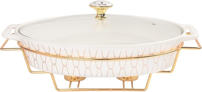 12" x 8" Ceramic Oval Casserole Dish with Glass Lid and rack, 54 ounce Serving Soup Tureen,Chafing Dish for Buffet, Family Food preserve Tray, Catering Casserole for Party Style, White