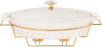 10" x 7" Ceramic Oval Casserole Dish with Glass Lid and Gold rack, 30 ounce Serving Soup Tureen,Chafing Dish for Buffet, Family Food preserve Tray, Catering Casserole for Party Style