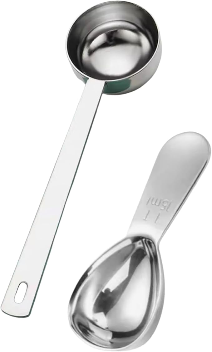 Coffee Scoop Set – 30ml Round & 15ml Curved Stainless Steel Measuring Spoons – Dual Design for Perfect Coffee Tea, & More – Ergonomically Balanced Handles