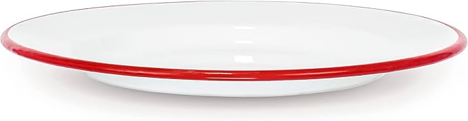 Red Co. Set of 4 Enamelware Metal Classic 10" Round Dinner Plate, Solid White/Red Rim
