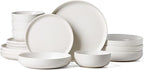 Famiware Milkyway Stoneware Dinnerware Sets with Pasta Bowls, Service for 4 (16 Pieces), Reactive Glaze Plates and Bowls Sets, Microwave and Dishwasher Safe Dishes Set, Matte White