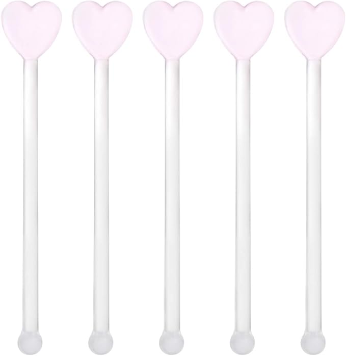 Glass Swizzle Sticks for Cocktails Drinks, 5Pcs Heart Shape Drink Swizzle Sticks Glass Coffee Beverage Cocktail Stirrers Stirring Spoons for Restaurant Home Bar Party