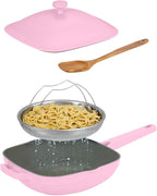 Nonstick Ceramic Saute Pan with Steamer, All-in-One Pan, PFOA,PFOS,Lead & Cadmium Free,Dishwasher Safe,4 Qt,11-inch, Pink, Stay-cool Handle,non stick chef's pan