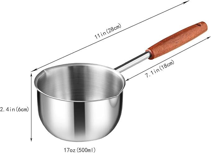 0.4 QT Chocolate melting pot, small pan, sauce pan,stainless steel with pouring port and wooden handle, used for melting chocolate and heating milk,butter warmer