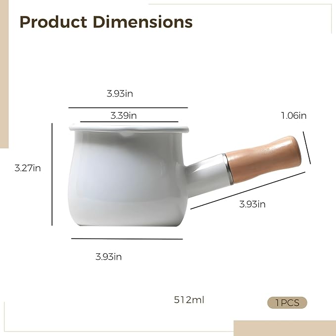 Homaisson Enamel Milk Warmer Pot, Japanese Style Mini Saucepan, White Butter Melter with Wood Handle, Single Serve Stove Top Cookware for Sauce, Coffee