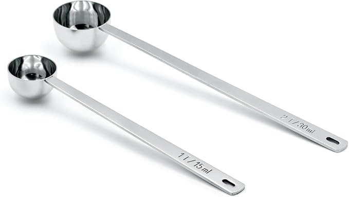 2PCS Coffee Scoop Set,1 Tbsp (15ml) & 2 Tbsp (30ml) Coffee Measuring Spoons,for measuring ground coffee, protein powder, tea,Silver long-handled measuring spoon,for deep jars,coffee bags.